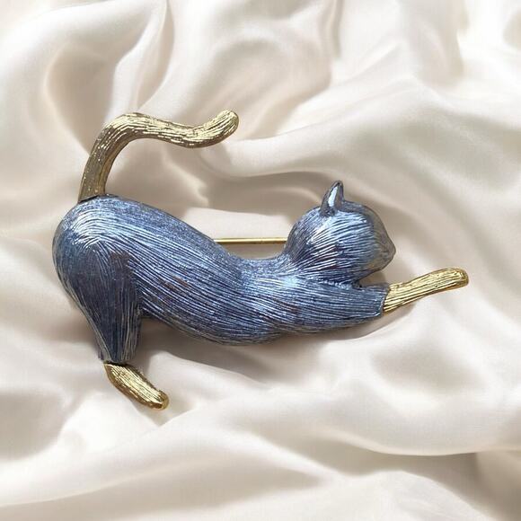 Vintage Two Tone Stretching Cat Brooch Pin Signed Liz Claiborne 2” Silver Gold - Picture 1 of 4